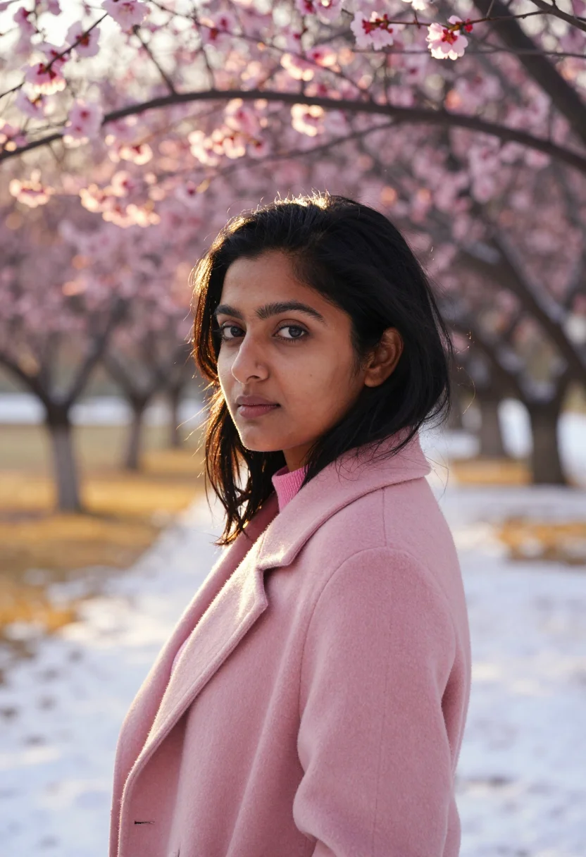 AI ume blossom pink sample — portrait of a woman, framed as a tight headshot from the cro