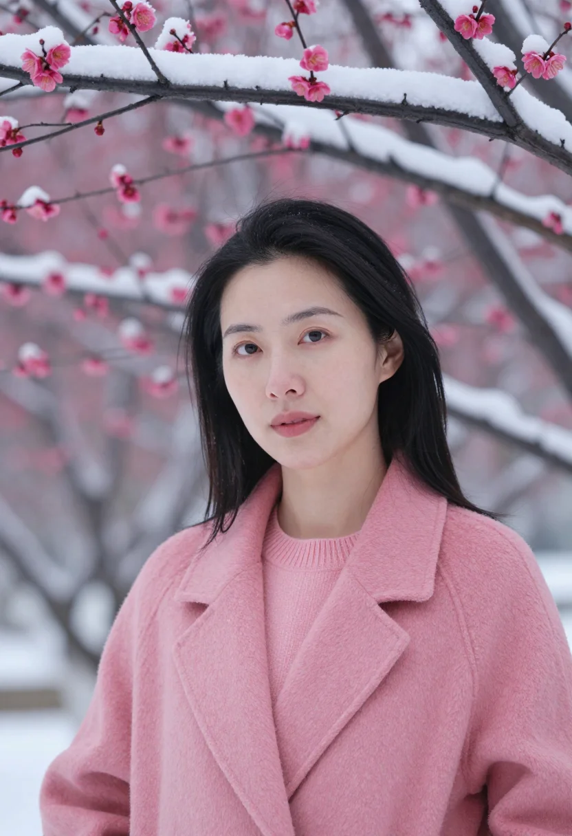 AI ume blossom pink sample — portrait of a woman, framed as a tight headshot from the cro