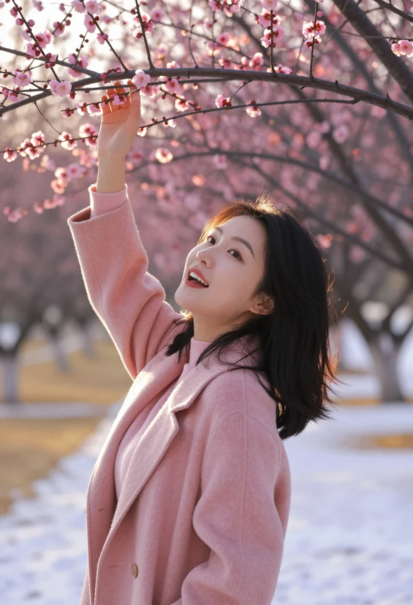 AI ume blossom pink sample — portrait of a woman, framed chest-up from the ribs with the