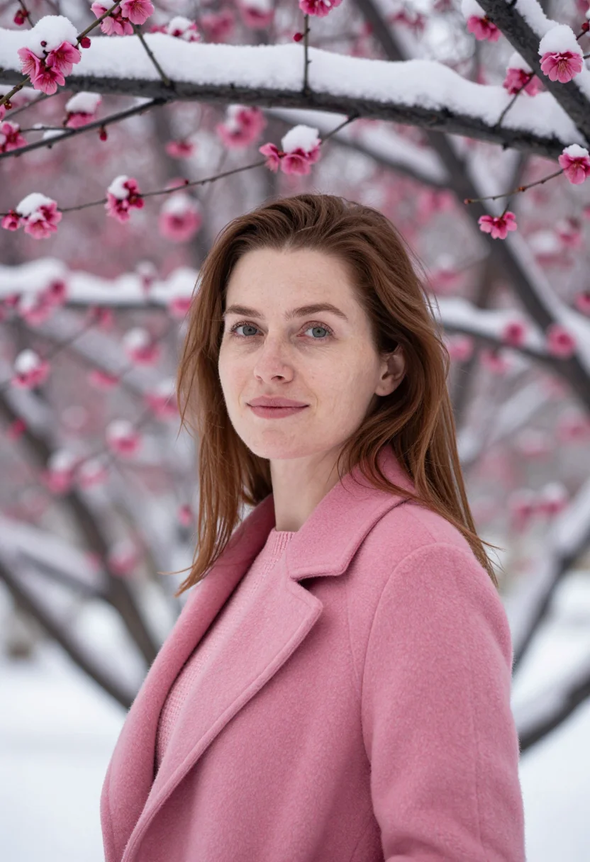 AI ume blossom pink sample — portrait of a woman, framed head and shoulders, tighter, the