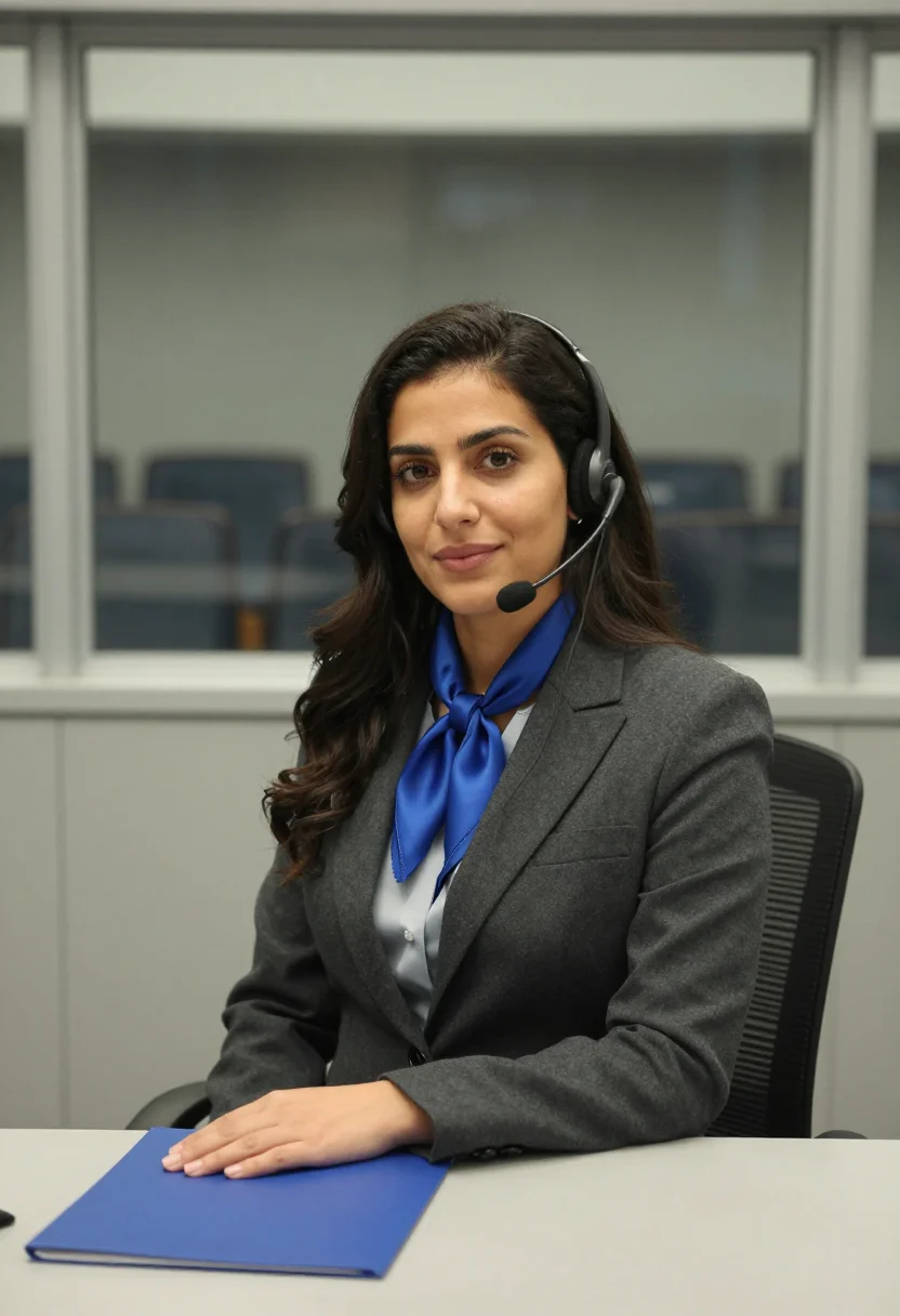 AI un interpreter assembly blue sample — portrait of a woman, in her late thirties, Lebanese-American