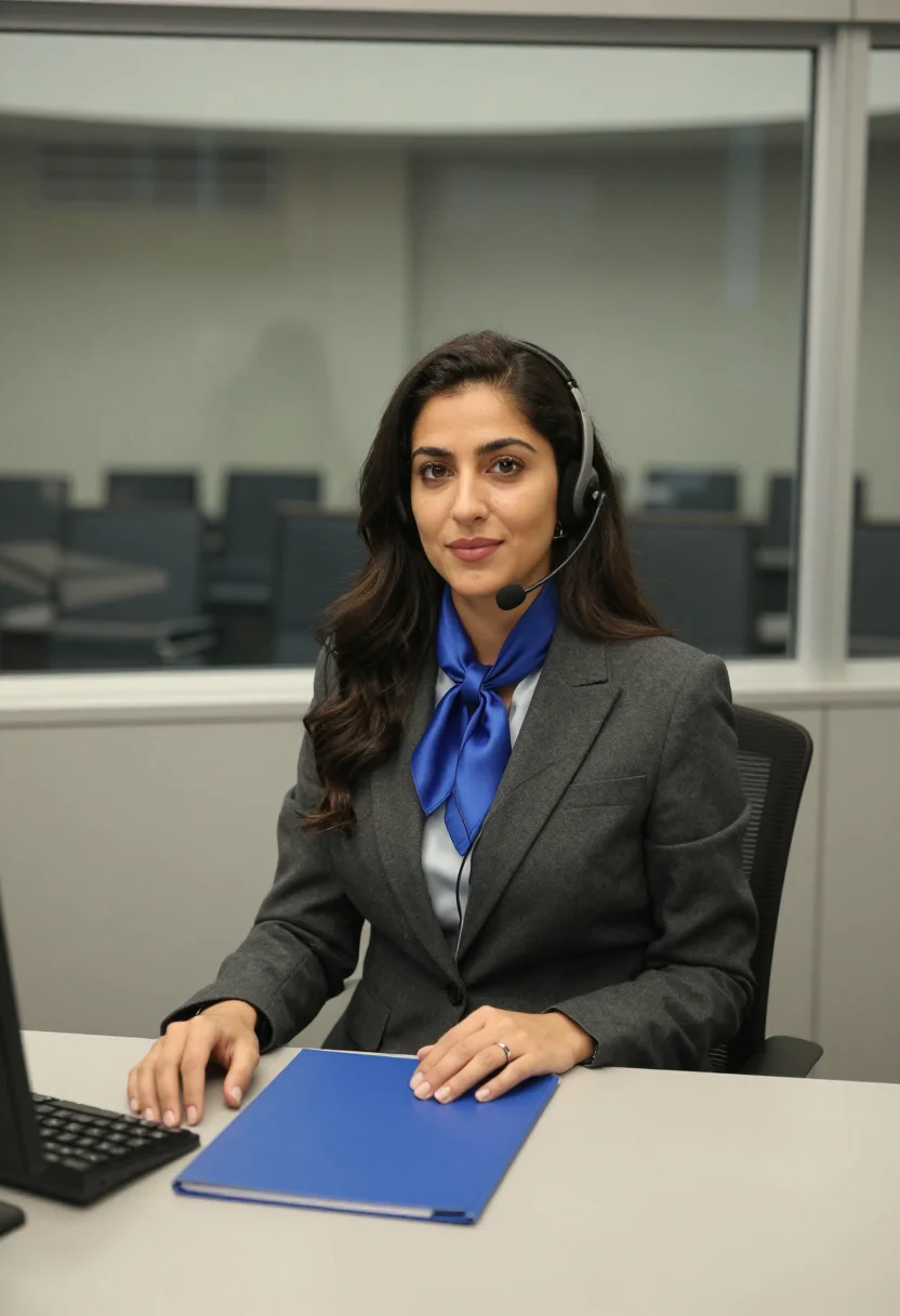 AI un interpreter assembly blue sample — portrait of a woman, in her late thirties, Lebanese-American