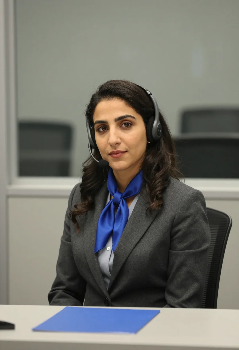 AI un interpreter assembly blue sample — portrait of a woman, in her late thirties, Lebanese-American