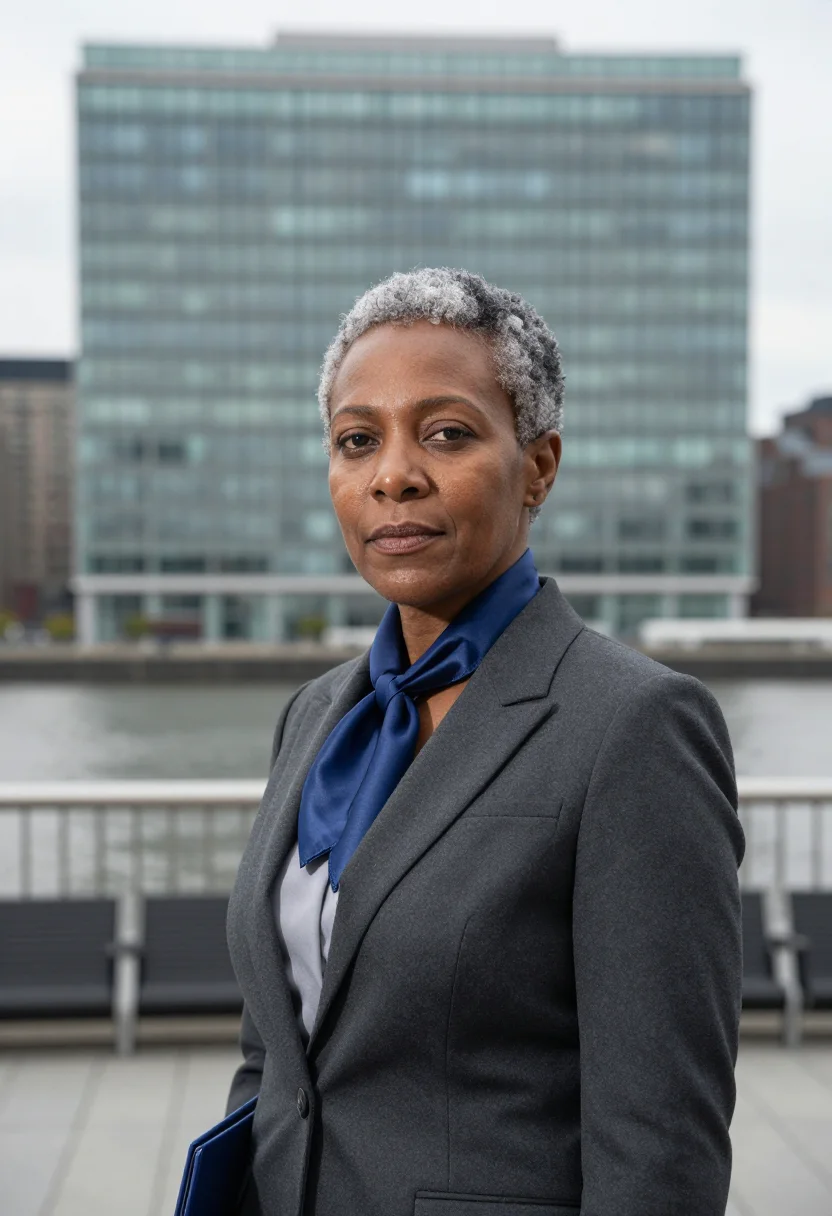AI un interpreter assembly blue sample — portrait of a woman, in her early fifties, Senegalese-Americ