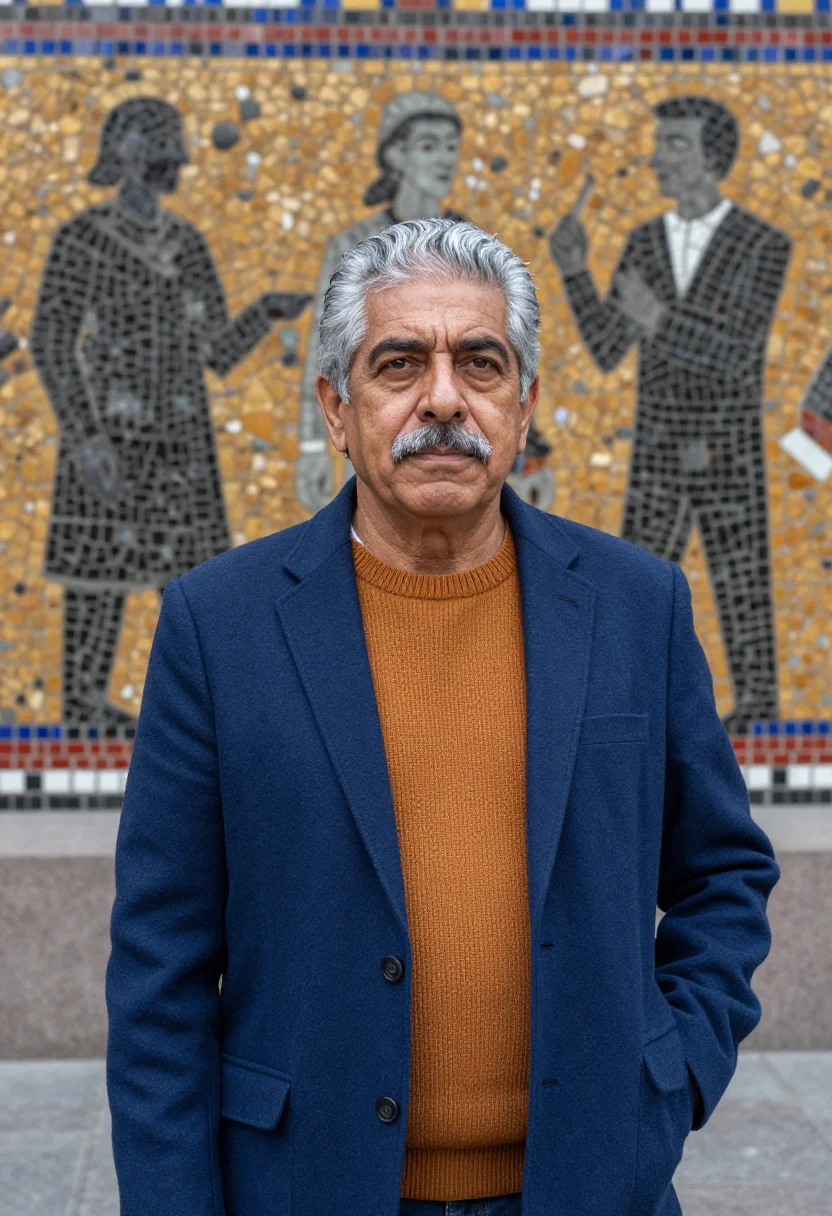 AI unam professor mosaic library palette sample — portrait of a man, a Mexican professor in his late fifties w