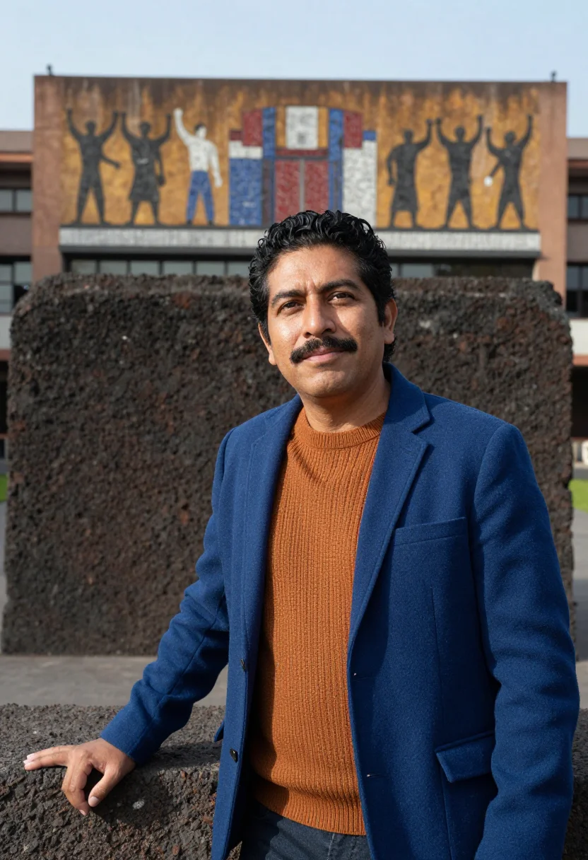AI unam professor mosaic library palette sample — portrait of a man, a Mexican professor in his mid-forties wi