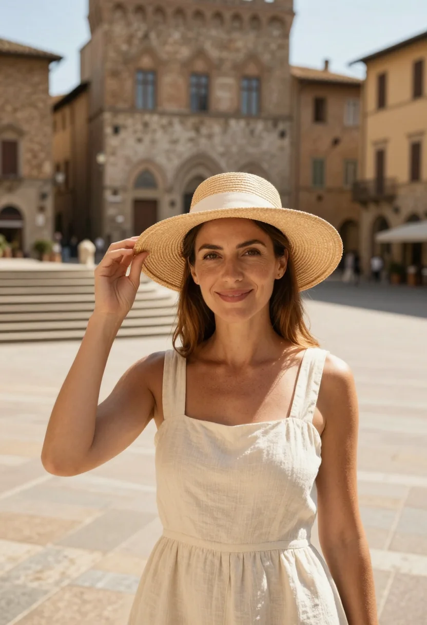 AI under the tuscan sun cortona bramasole cream sample — portrait of a woman, in her late thirties of Spanish descent