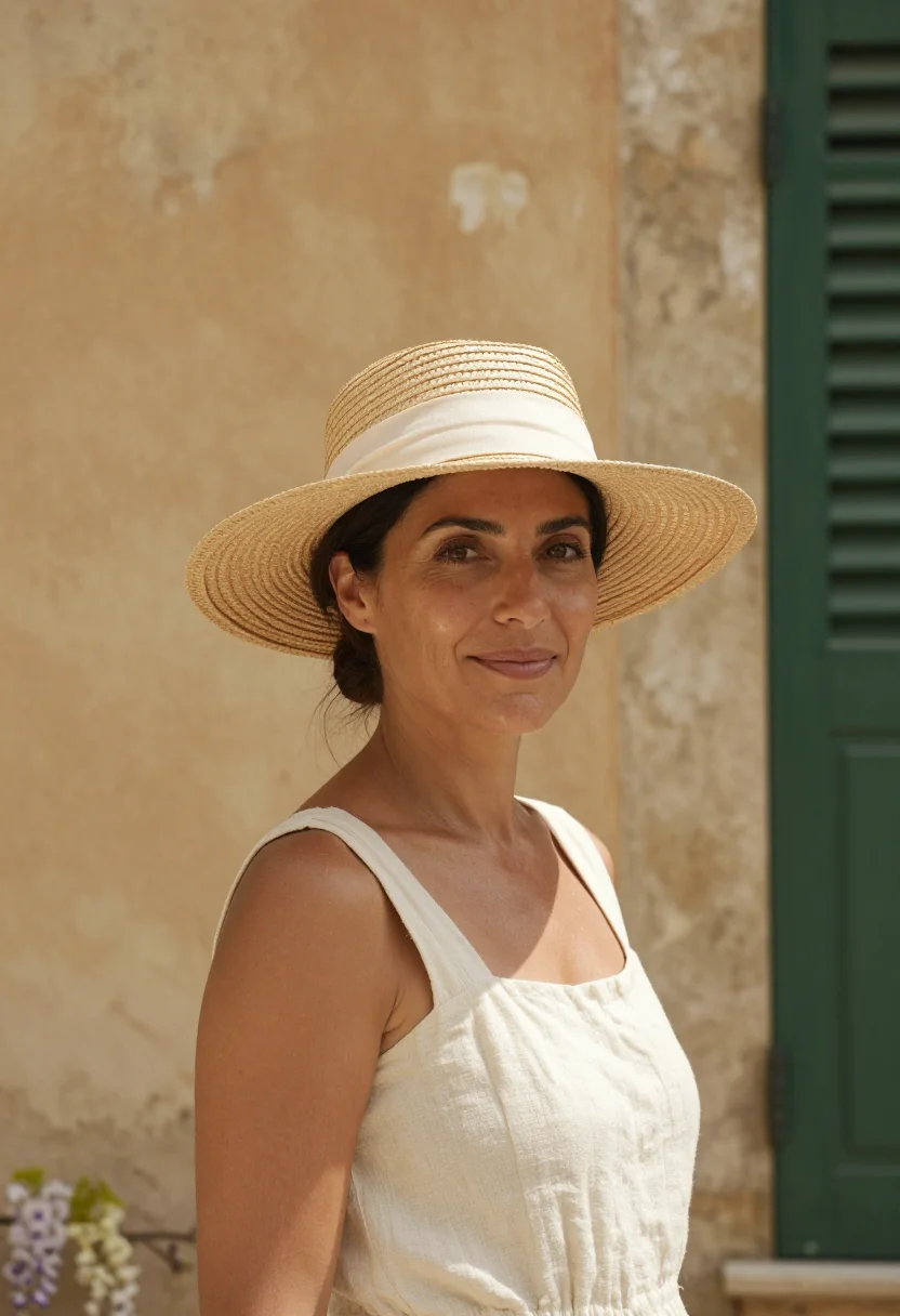 AI under the tuscan sun cortona bramasole cream sample — portrait of a woman, in her late thirties of Italian-America
