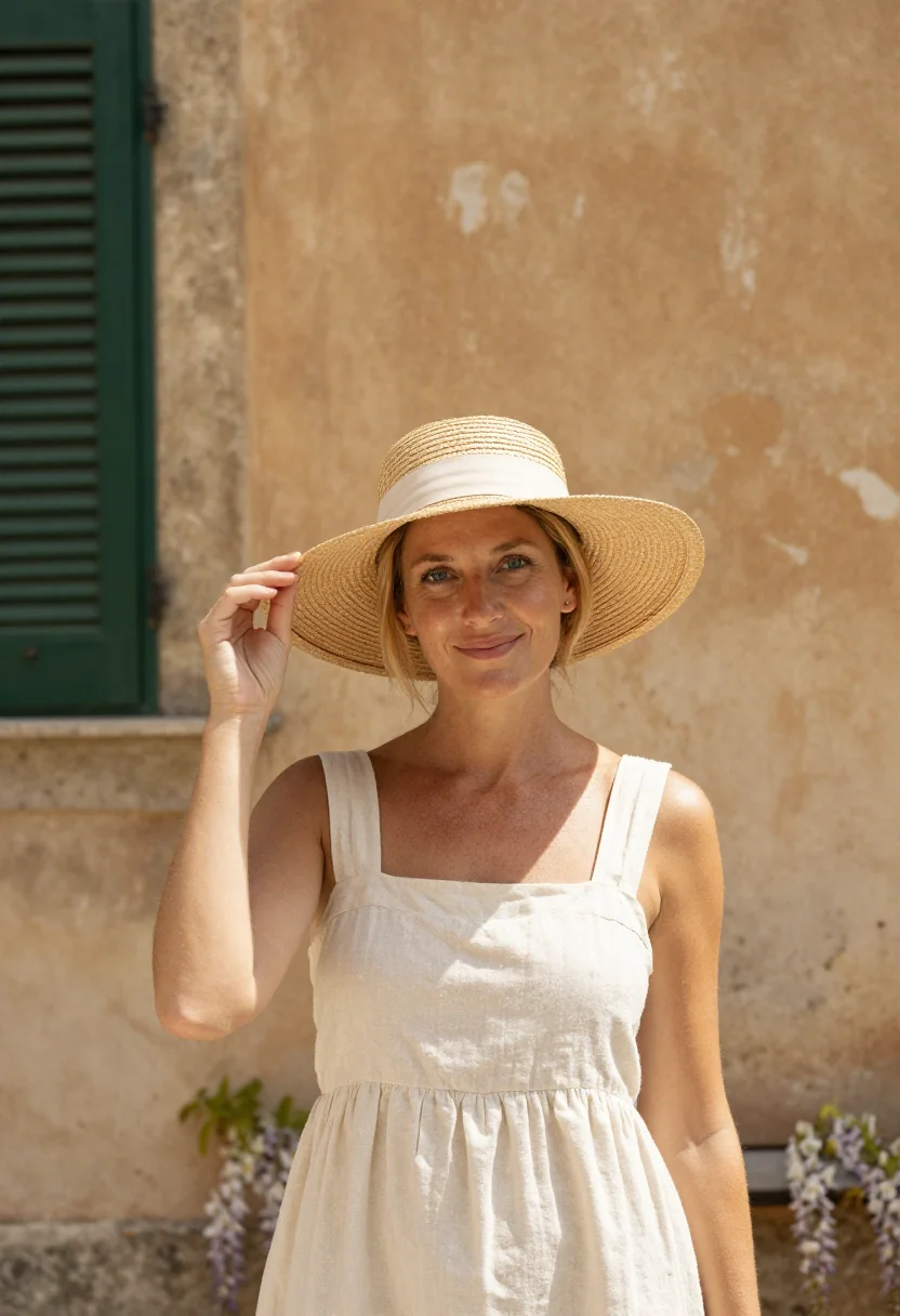 AI under the tuscan sun cortona bramasole cream sample — portrait of a woman, in her early forties of English descent