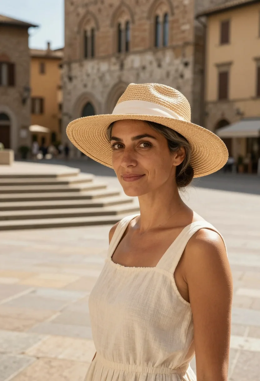 AI under the tuscan sun cortona bramasole cream sample — portrait of a woman, in her early forties of Greek descent,