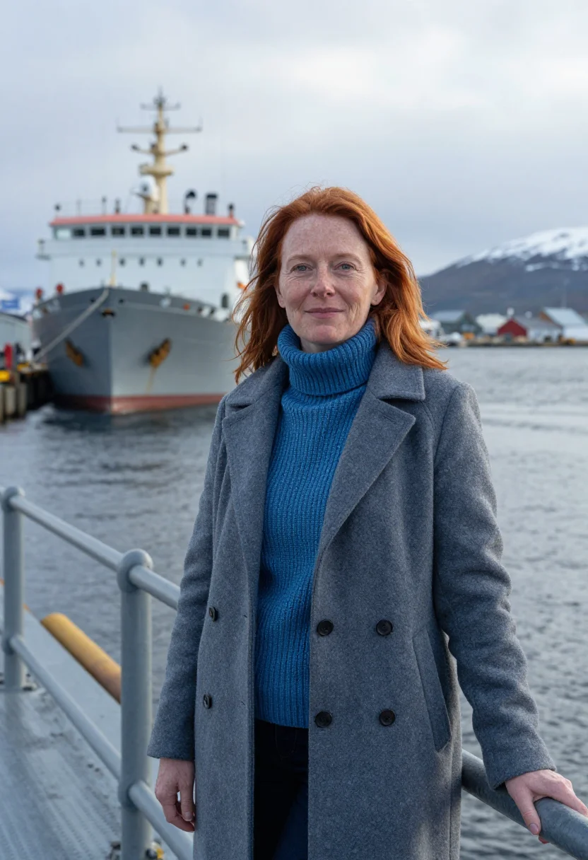 AI ushuaia marine biologist end of world grey blue sample — portrait of a woman, a Scottish marine biologist in her late