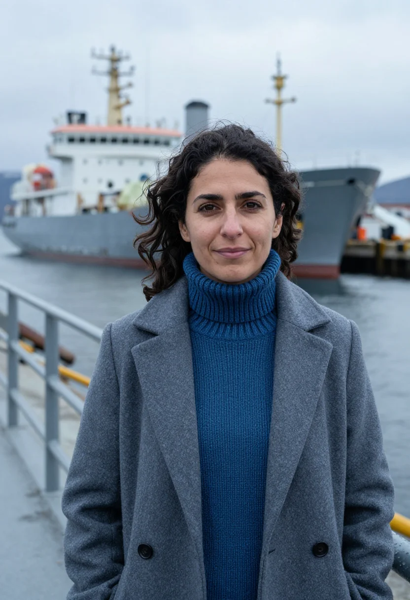 AI ushuaia marine biologist end of world grey blue sample — portrait of a woman, an Italian marine biologist in her mid-