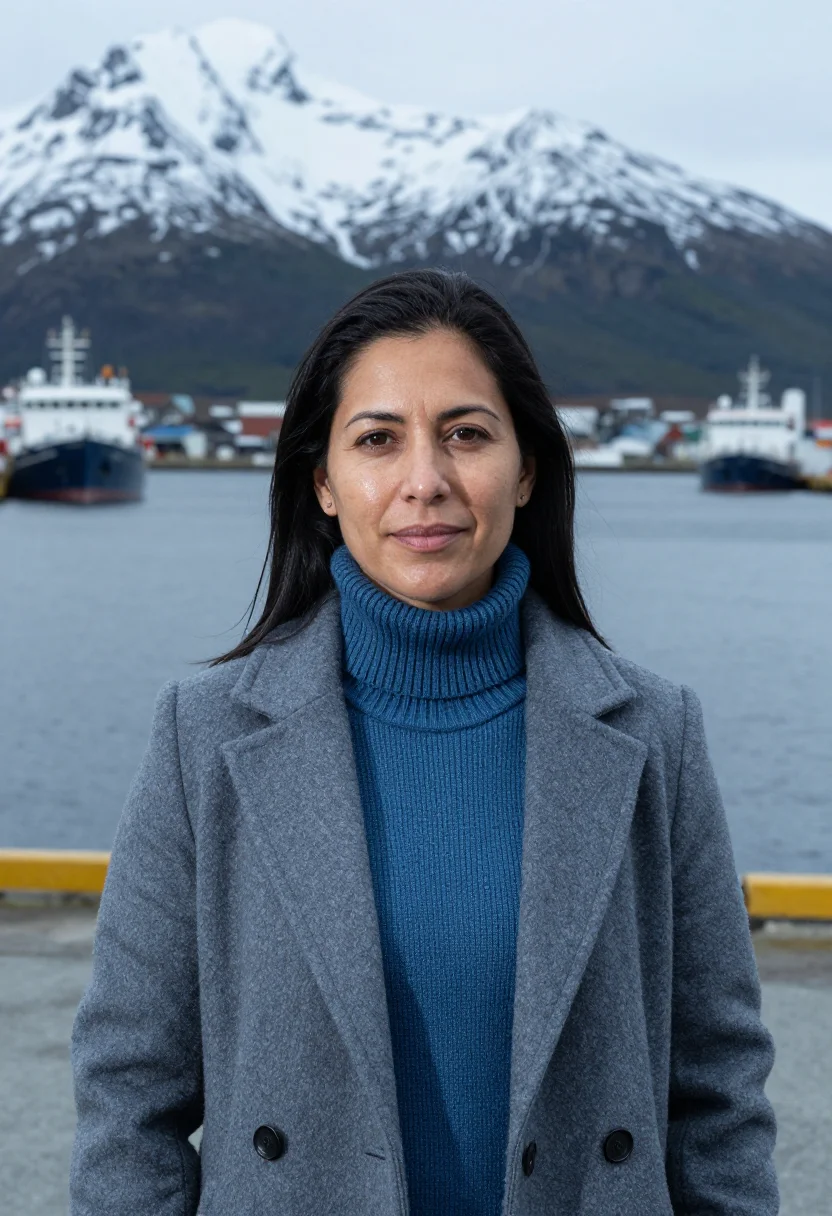 AI ushuaia marine biologist end of world grey blue sample — portrait of a woman, a Chilean marine biologist in her mid-t