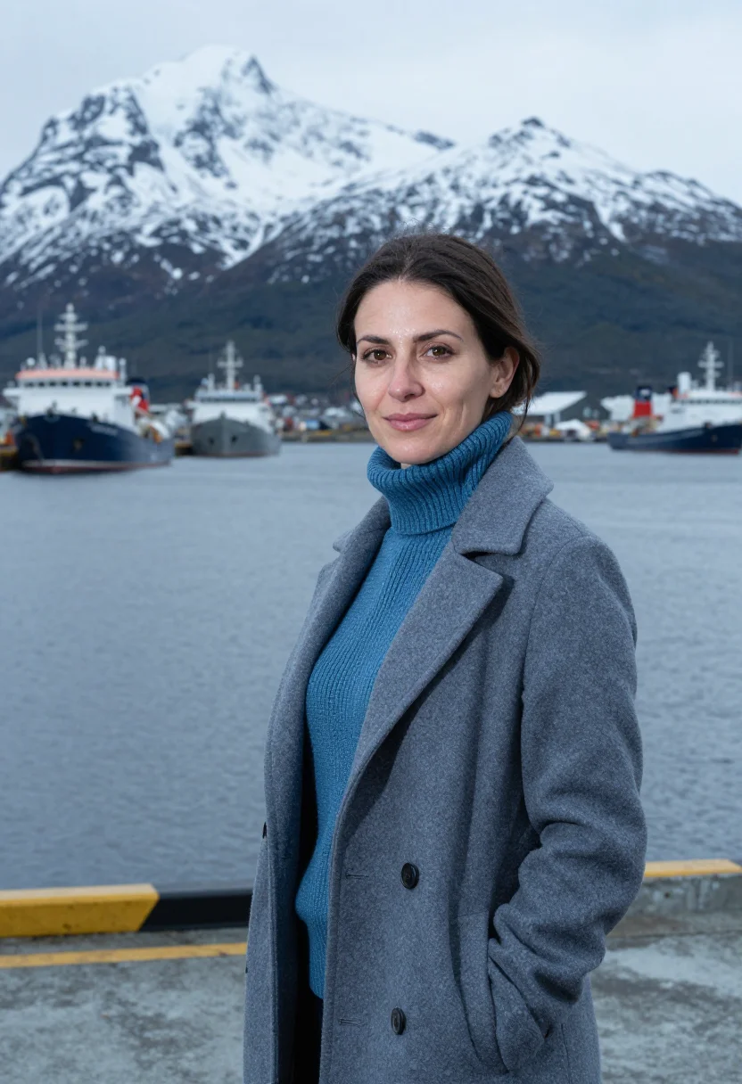 AI ushuaia marine biologist end of world grey blue sample — portrait of a woman, a Spanish marine biologist in her early