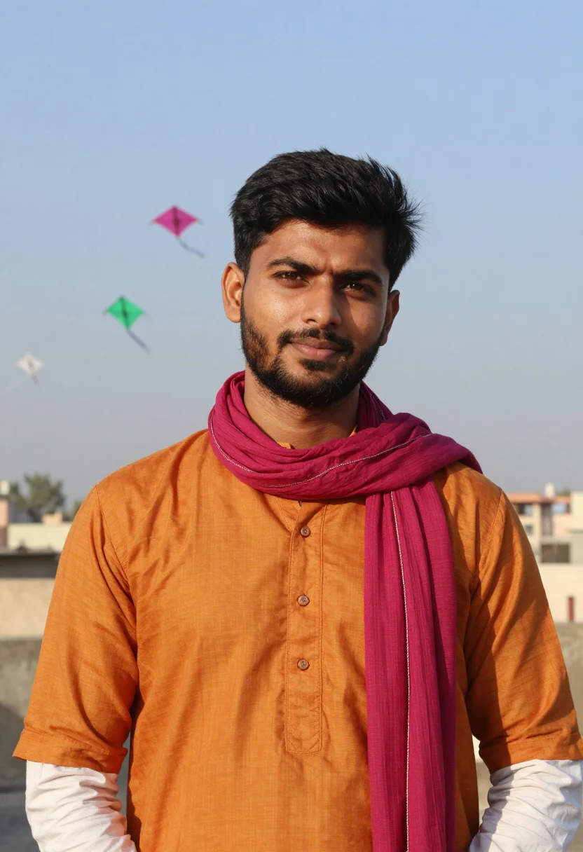 AI uttarayan ahmedabad kites palette sample — portrait of a man, framed tight, head and shoulders, the bod