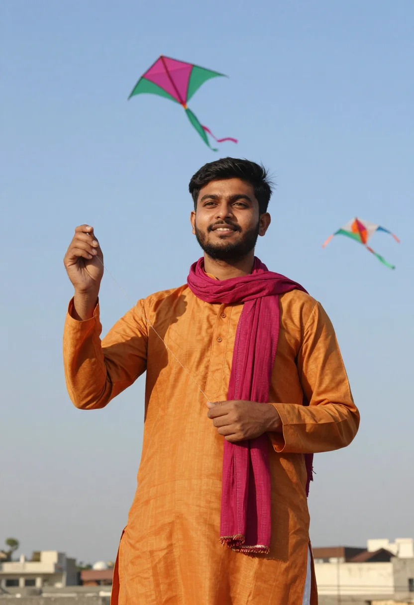 AI uttarayan ahmedabad kites palette sample — portrait of a man, framed chest-up, cropped at the ribs, the