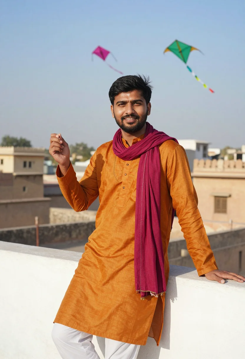 AI uttarayan ahmedabad kites palette sample — portrait of a man, framed chest-up, cropped at the ribs, the