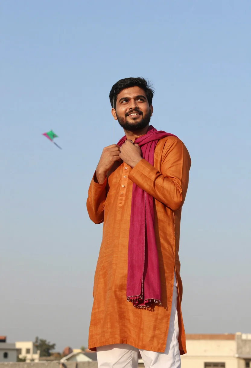 AI uttarayan ahmedabad kites palette sample — portrait of a man, framed half-length from the head to the h