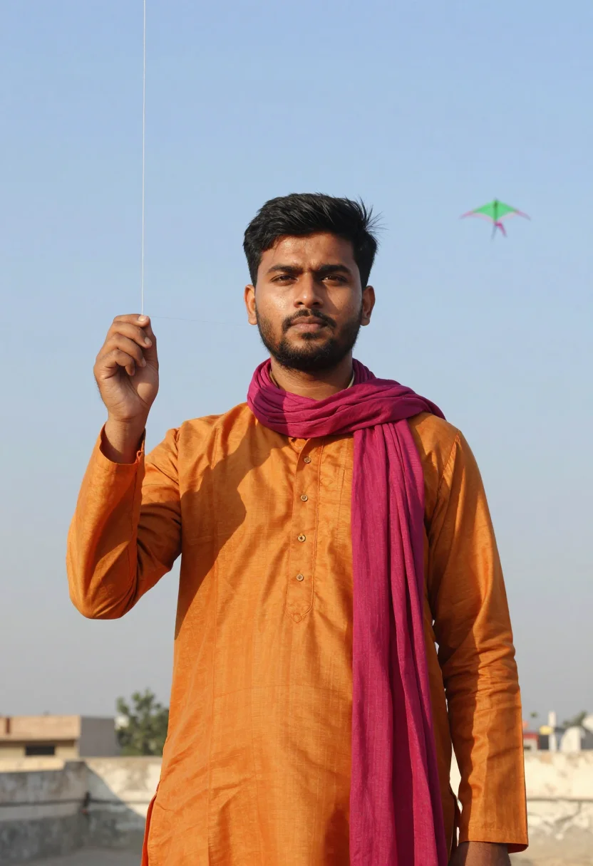 AI uttarayan ahmedabad kites palette sample — portrait of a man, framed chest-up, cropped at the ribs, the