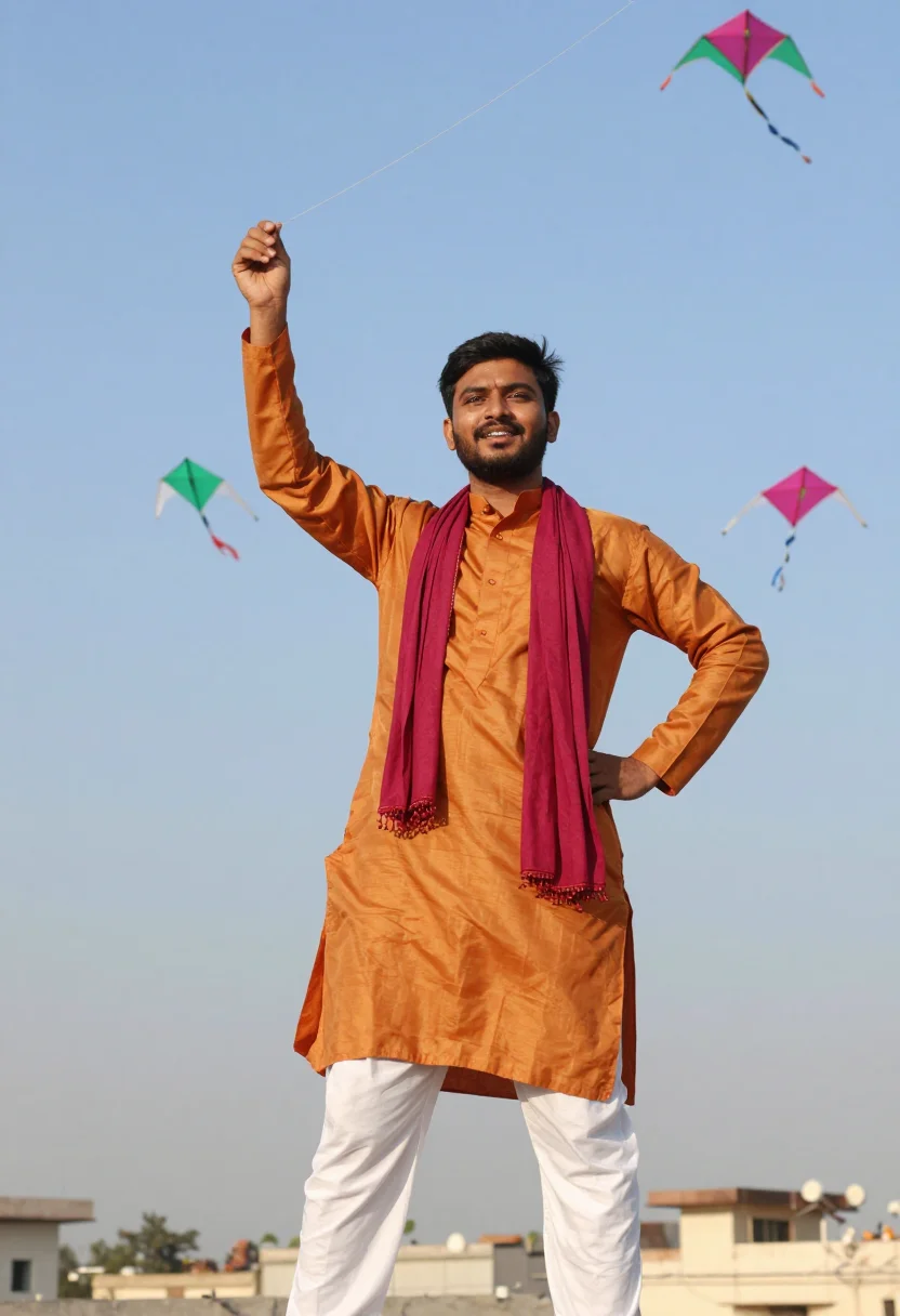 AI uttarayan ahmedabad kites palette sample — portrait of a man, framed three-quarter length from the head