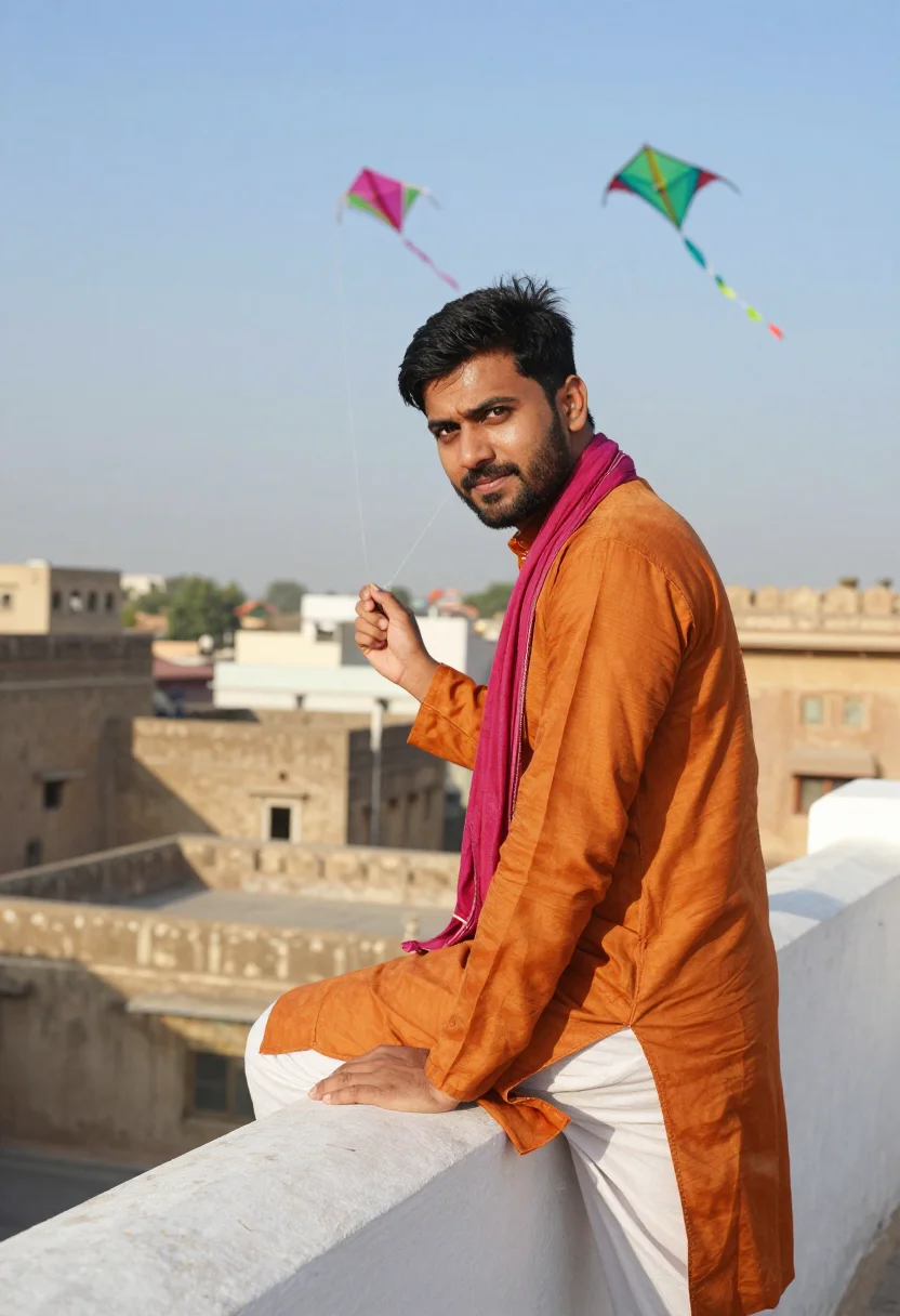 AI uttarayan ahmedabad kites palette sample — portrait of a man, framed tight, head and shoulders, the bod