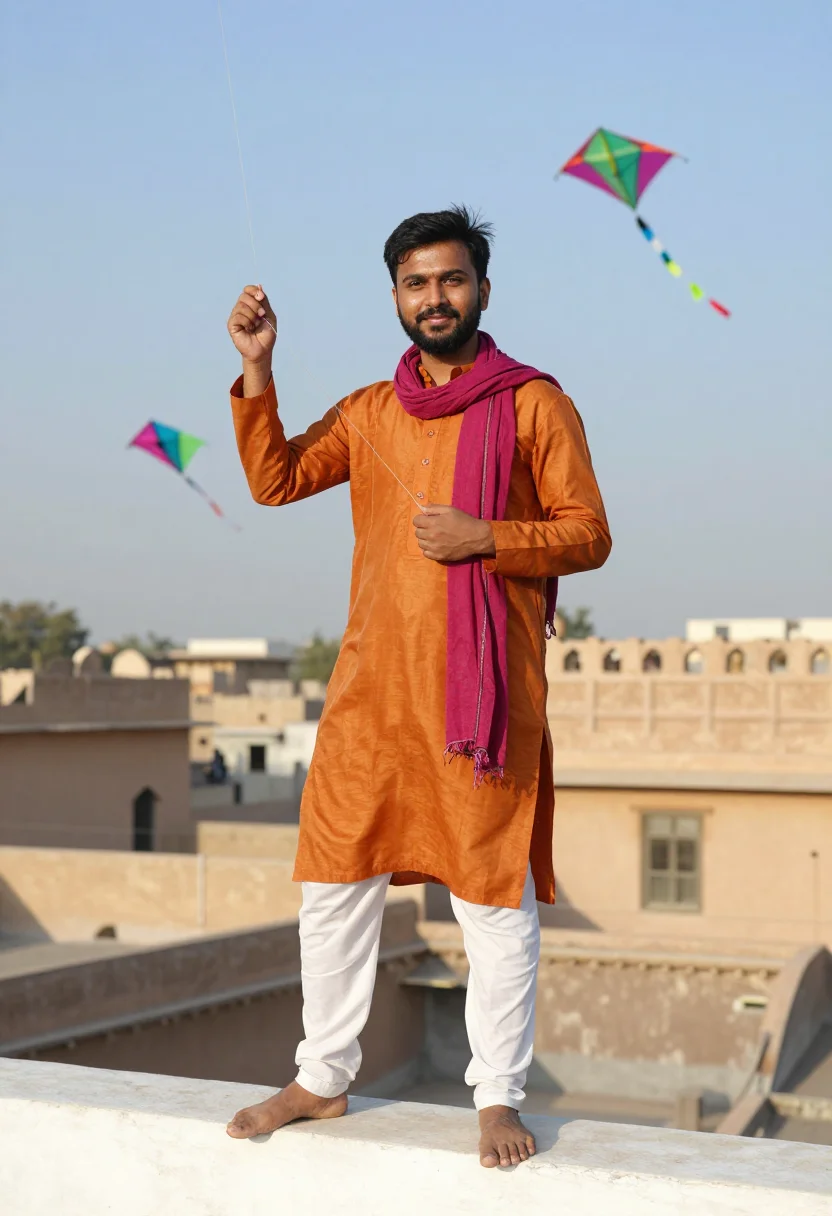 AI uttarayan ahmedabad kites palette sample — portrait of a man, framed full-length from the head to the f
