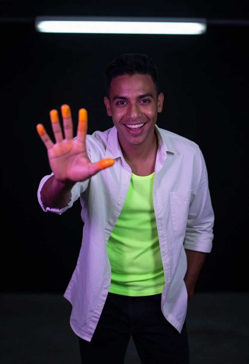 AI uv blacklight sample — portrait of a man, a man in his mid twenties with warm brown