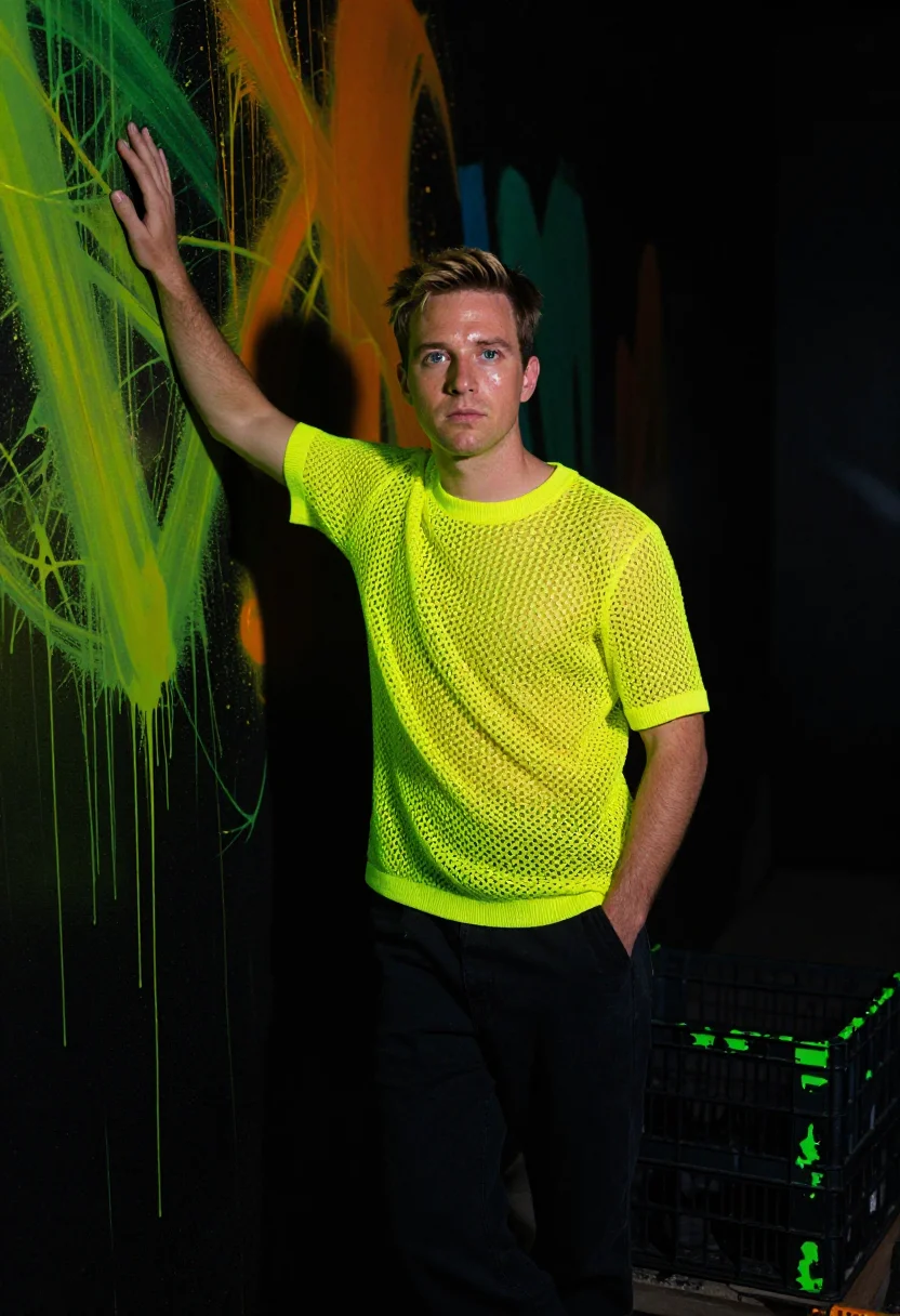 AI uv blacklight sample — portrait of a man, a man in his early thirties with fair ski