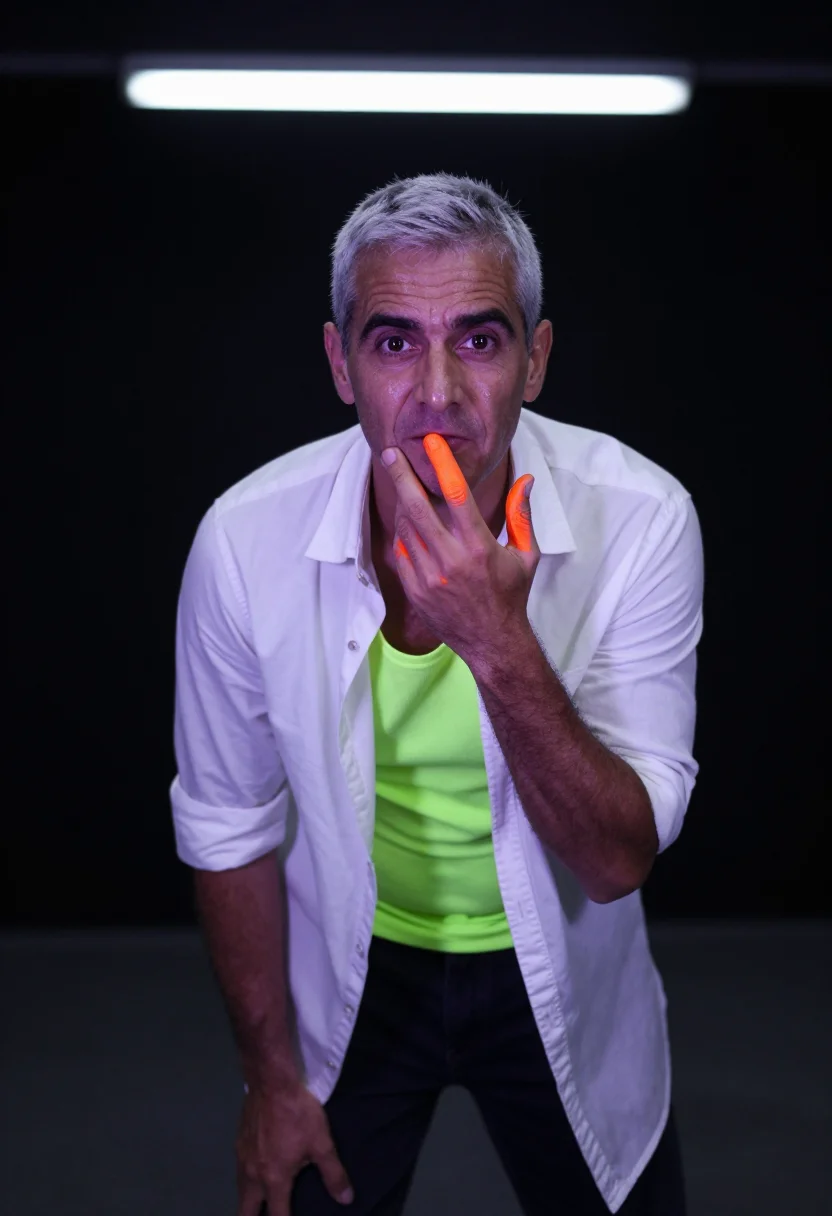 AI uv blacklight sample — portrait of a man, a man in his forties with weathered tan s