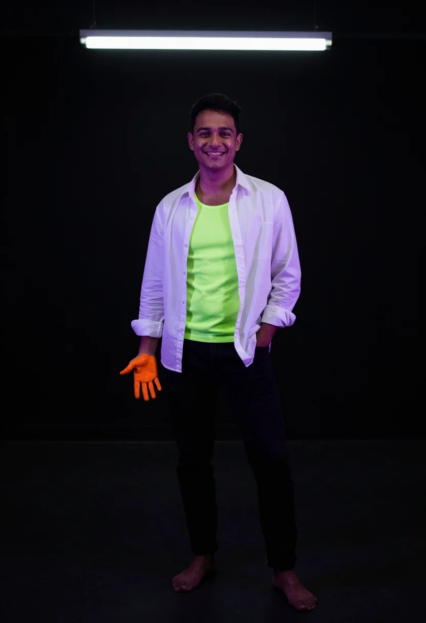 AI uv blacklight sample — portrait of a man, a man in his early forties with golden br