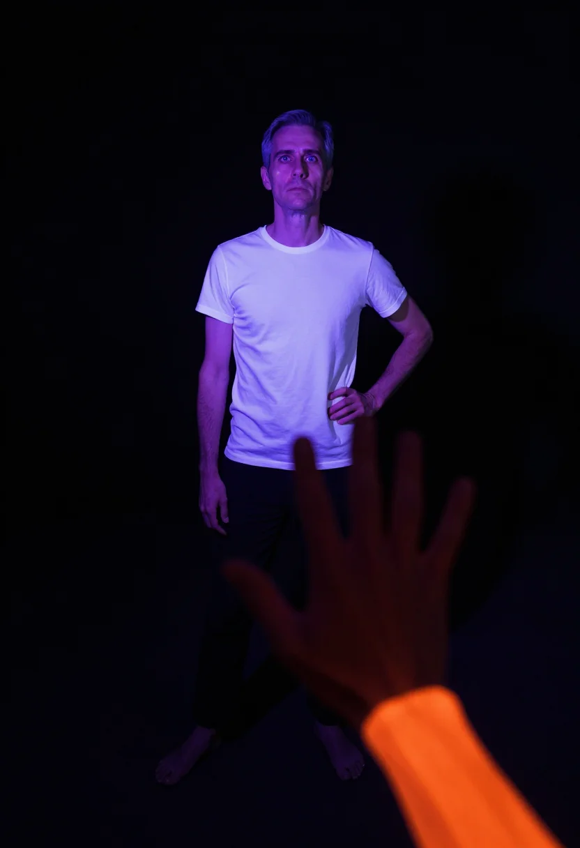 AI uv blacklight sample — portrait of a man, a man in his forties with pale skin, grey