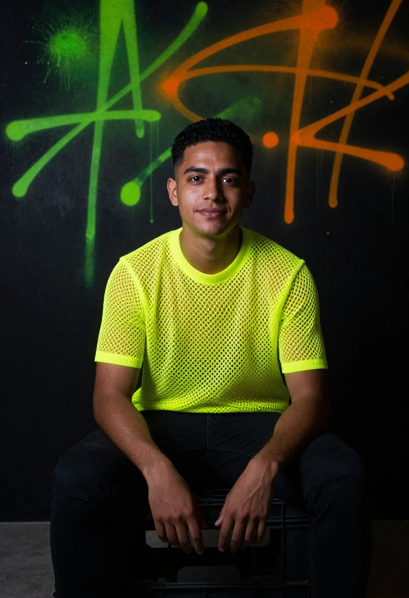 AI uv blacklight sample — portrait of a man, a man in his twenties with warm bronze sk
