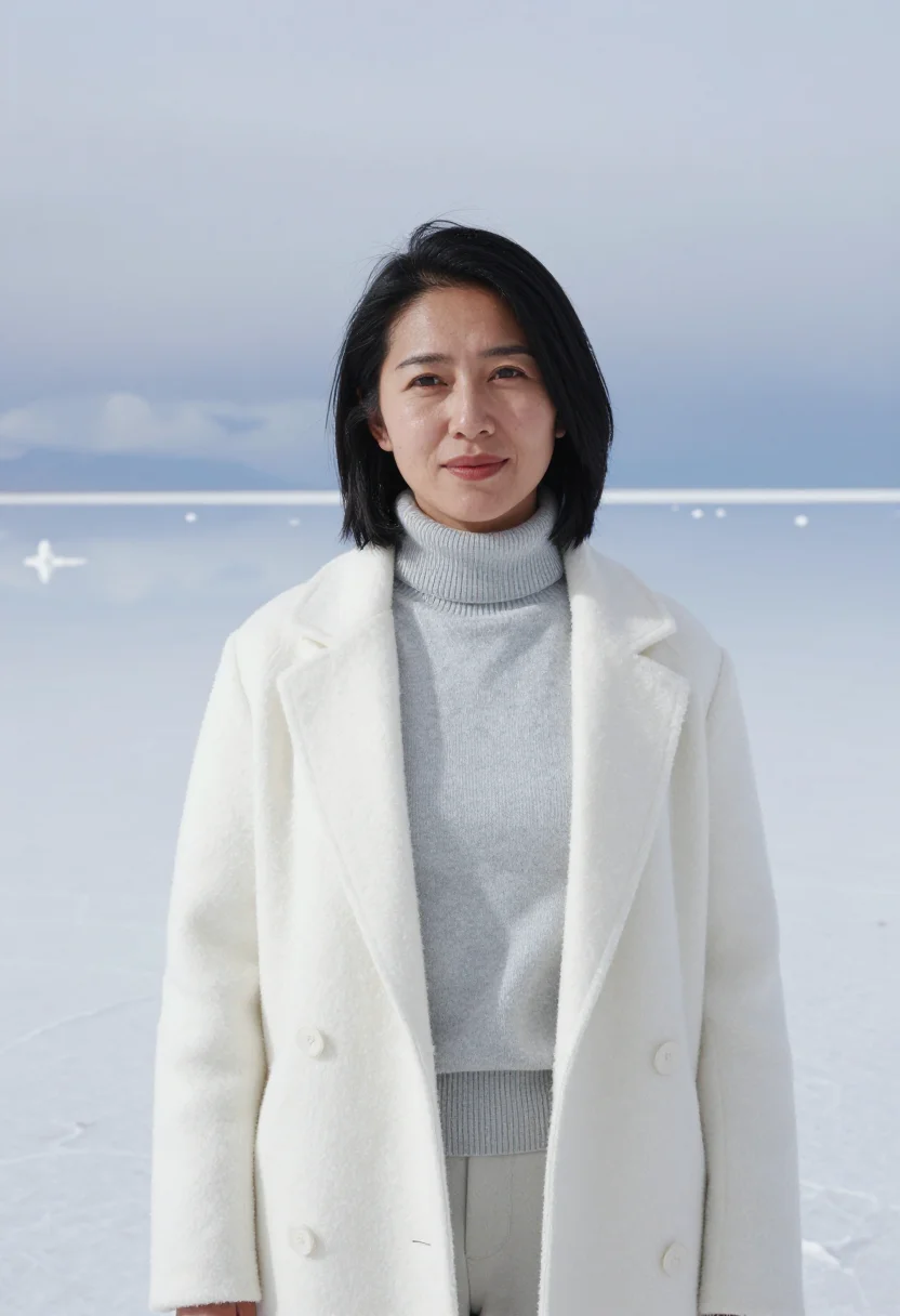 AI uyuni geologist salt flat white mirror sample — portrait of a woman, a Bolivian geologist of Japanese descen