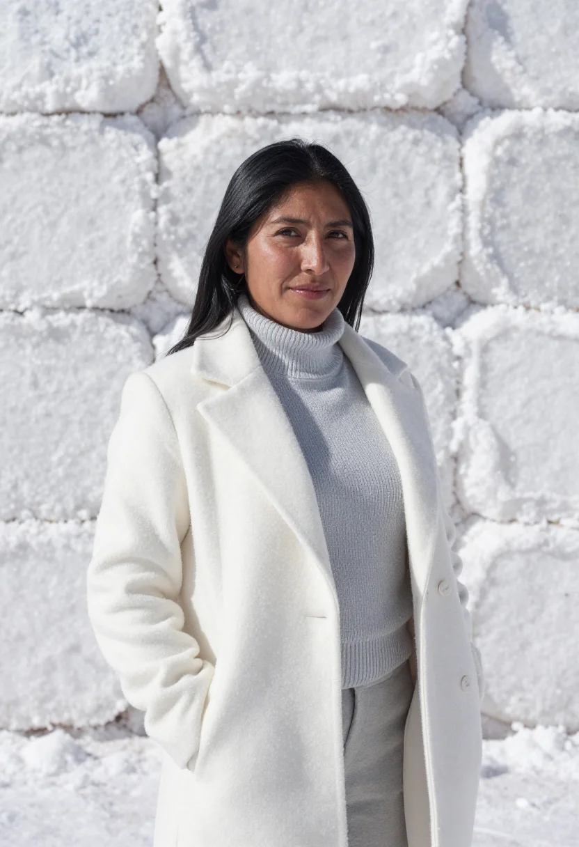 AI uyuni geologist salt flat white mirror sample — portrait of a woman, an Aymara Bolivian geologist in her mid