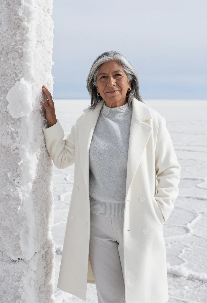AI uyuni geologist salt flat white mirror sample — portrait of a woman, a mestiza Bolivian geologist in her ear