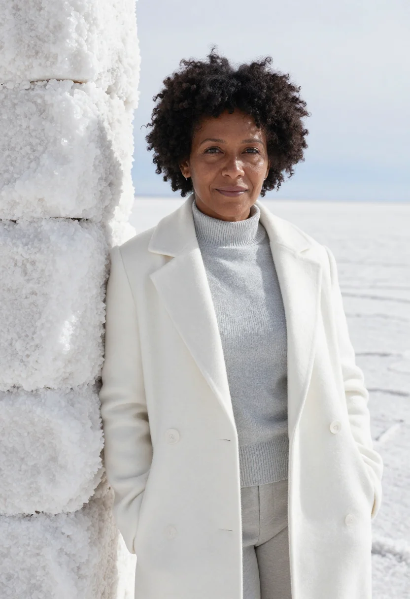 AI uyuni geologist salt flat white mirror sample — portrait of a woman, an Afro-Bolivian geologist in her late