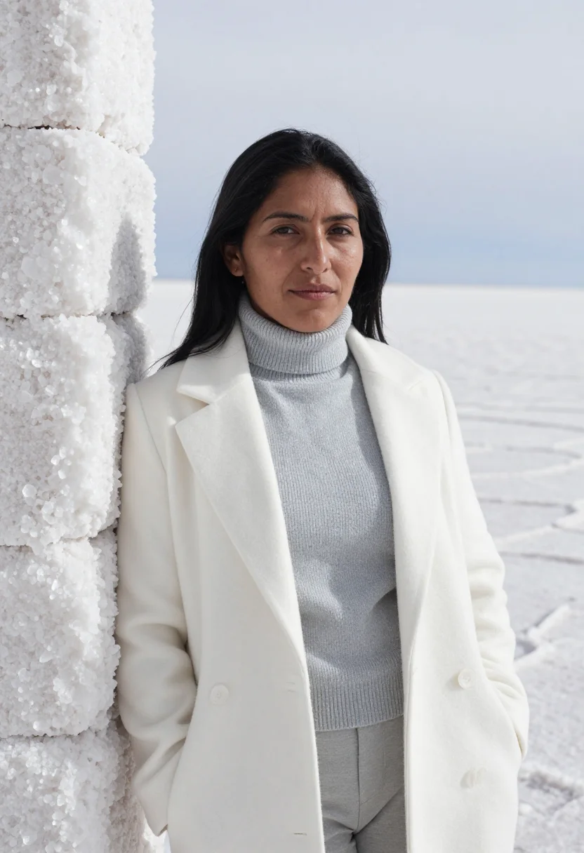 AI uyuni geologist salt flat white mirror sample — portrait of a woman, a Quechua Bolivian geologist in her lat