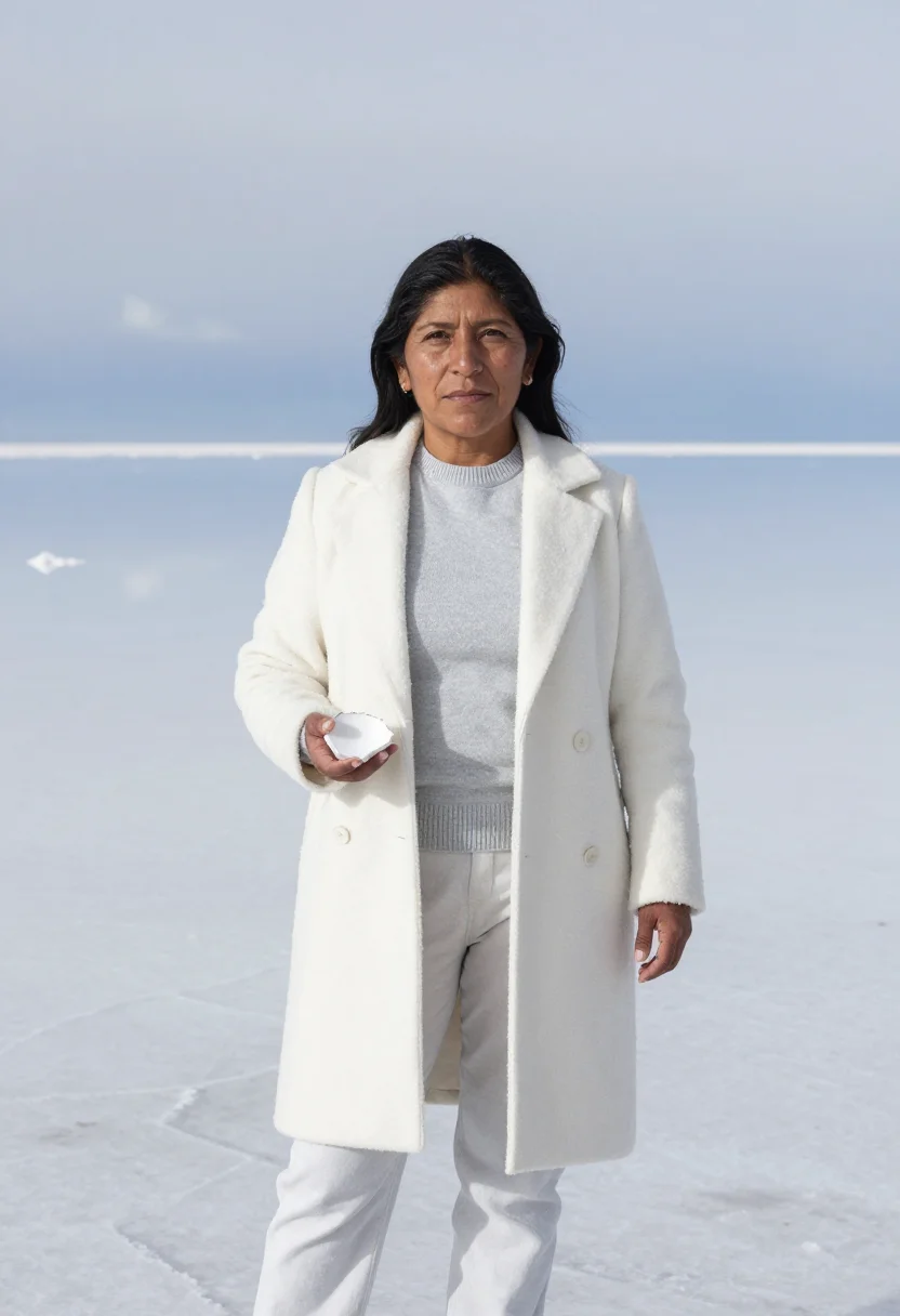 AI uyuni geologist salt flat white mirror sample — portrait of a woman, a mestiza Bolivian geologist in her ear