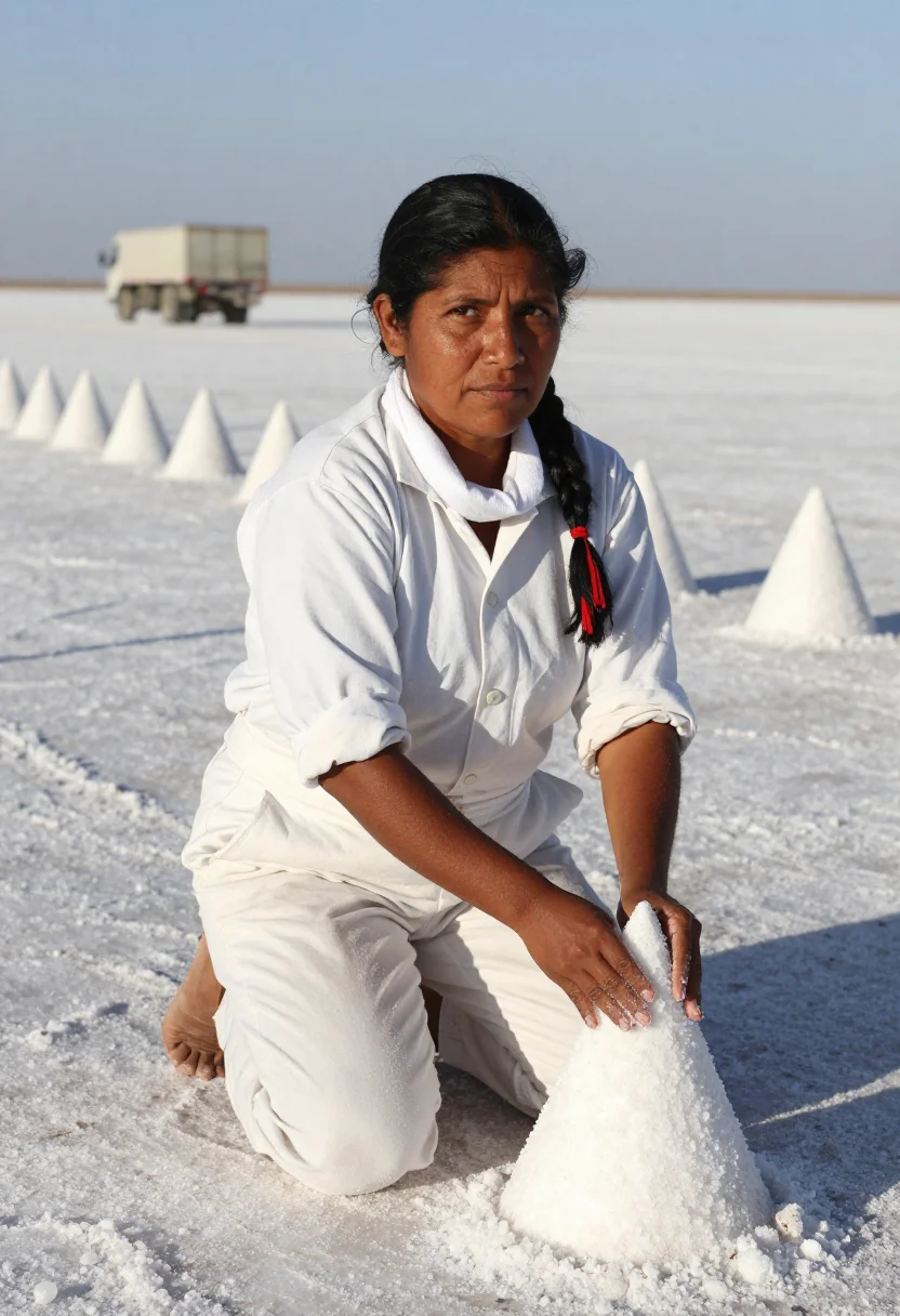 AI uyuni salt sample — portrait of a woman, three-quarter-length kneeling portrait