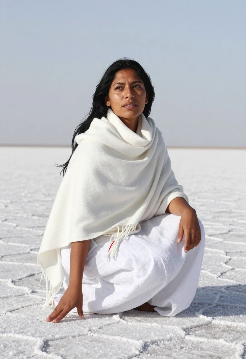 AI uyuni salt sample — portrait of a woman, close crouching portrait from the thigh