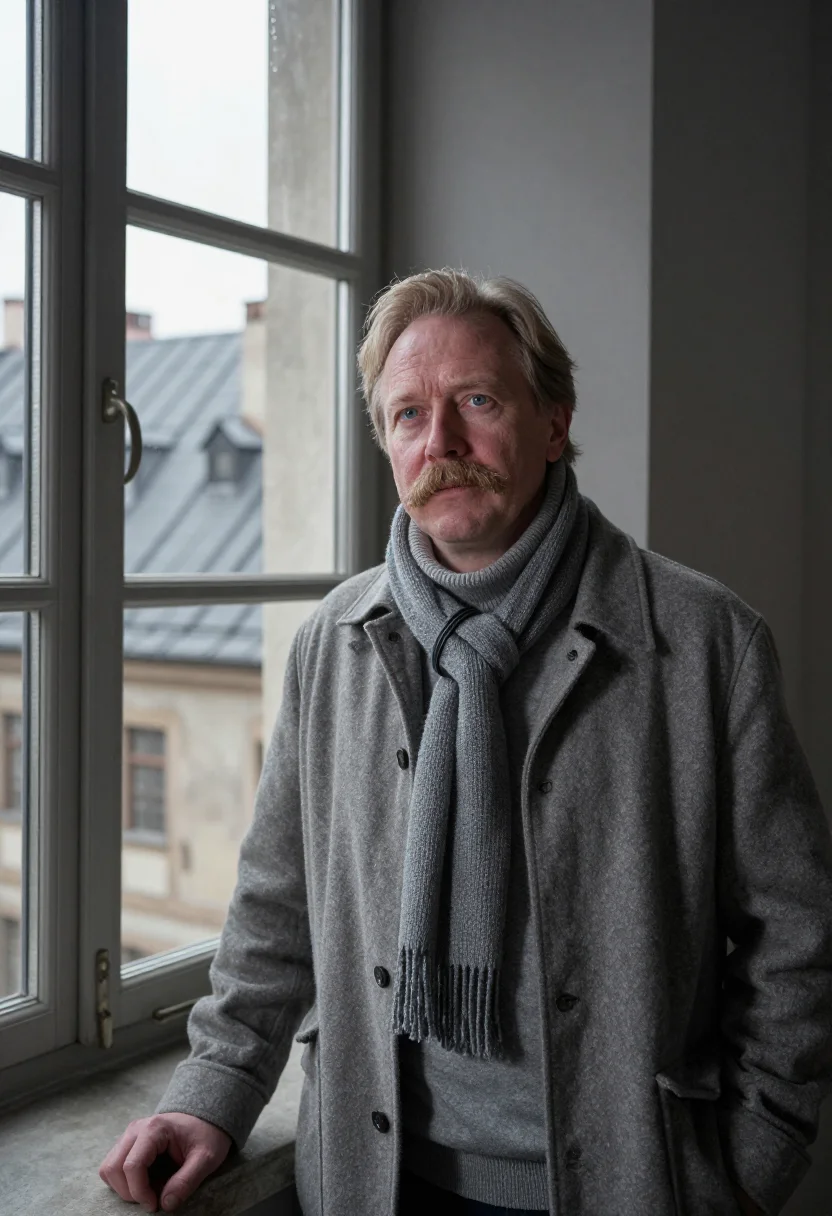 AI vaclav havel hradcany january pewter sample — portrait of a man, framed chest-up, cropped at the ribs, the