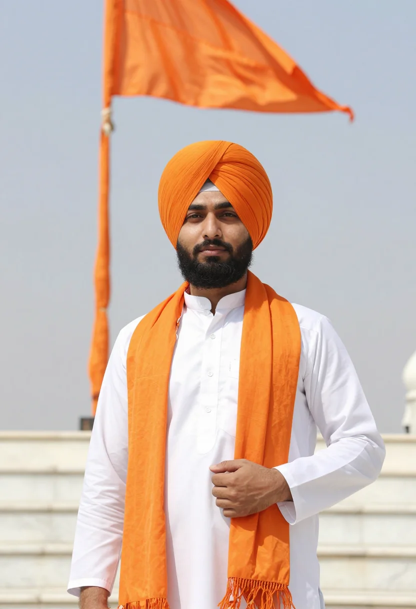 AI vaisakhi april saffron turban sample — portrait of a man, a Sikh festival-goer of Punjabi descent i