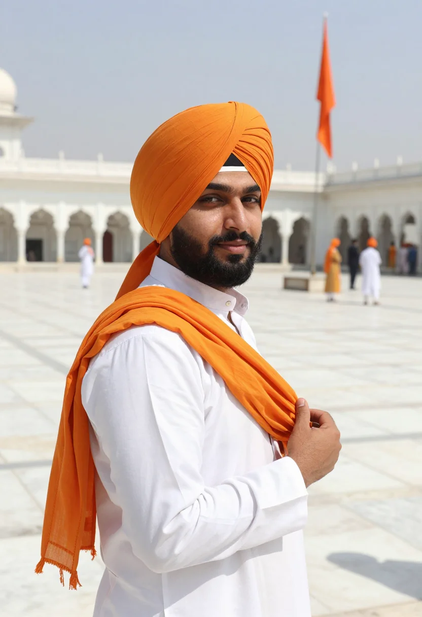AI vaisakhi april saffron turban sample — portrait of a man, a Sikh festival-goer of Punjabi descent i