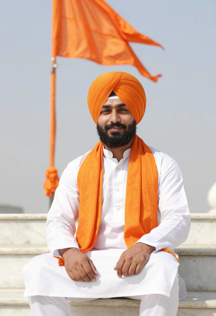 AI vaisakhi april saffron turban sample — portrait of a man, a Sikh festival-goer of Punjabi descent i
