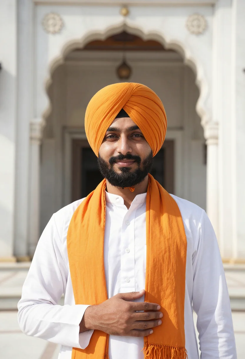 AI vaisakhi april saffron turban sample — portrait of a man, a Sikh festival-goer of Punjabi descent i