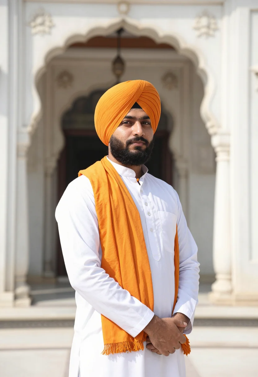 AI vaisakhi april saffron turban sample — portrait of a man, a Sikh festival-goer of Punjabi descent i