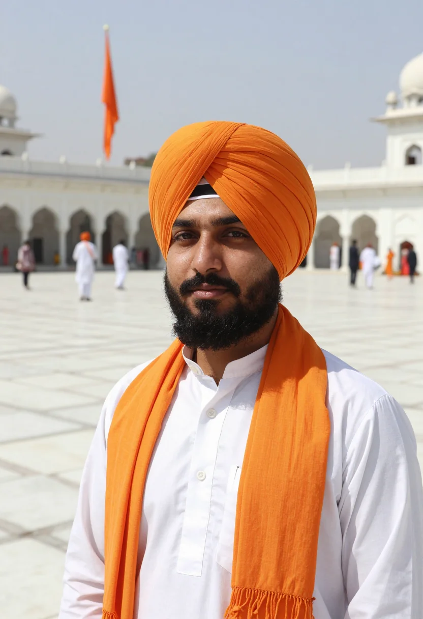 AI vaisakhi april saffron turban sample — portrait of a man, a Sikh festival-goer of Punjabi descent i