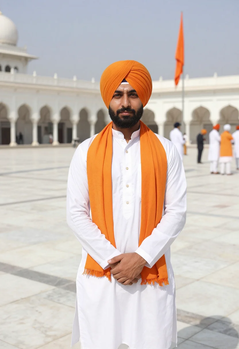 AI vaisakhi april saffron turban sample — portrait of a man, a Sikh festival-goer of Punjabi descent i