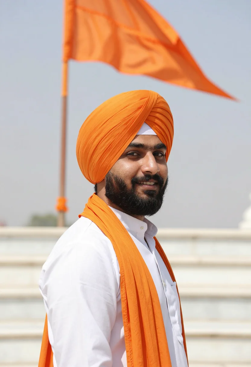AI vaisakhi april saffron turban sample — portrait of a man, a Sikh festival-goer of Punjabi descent i