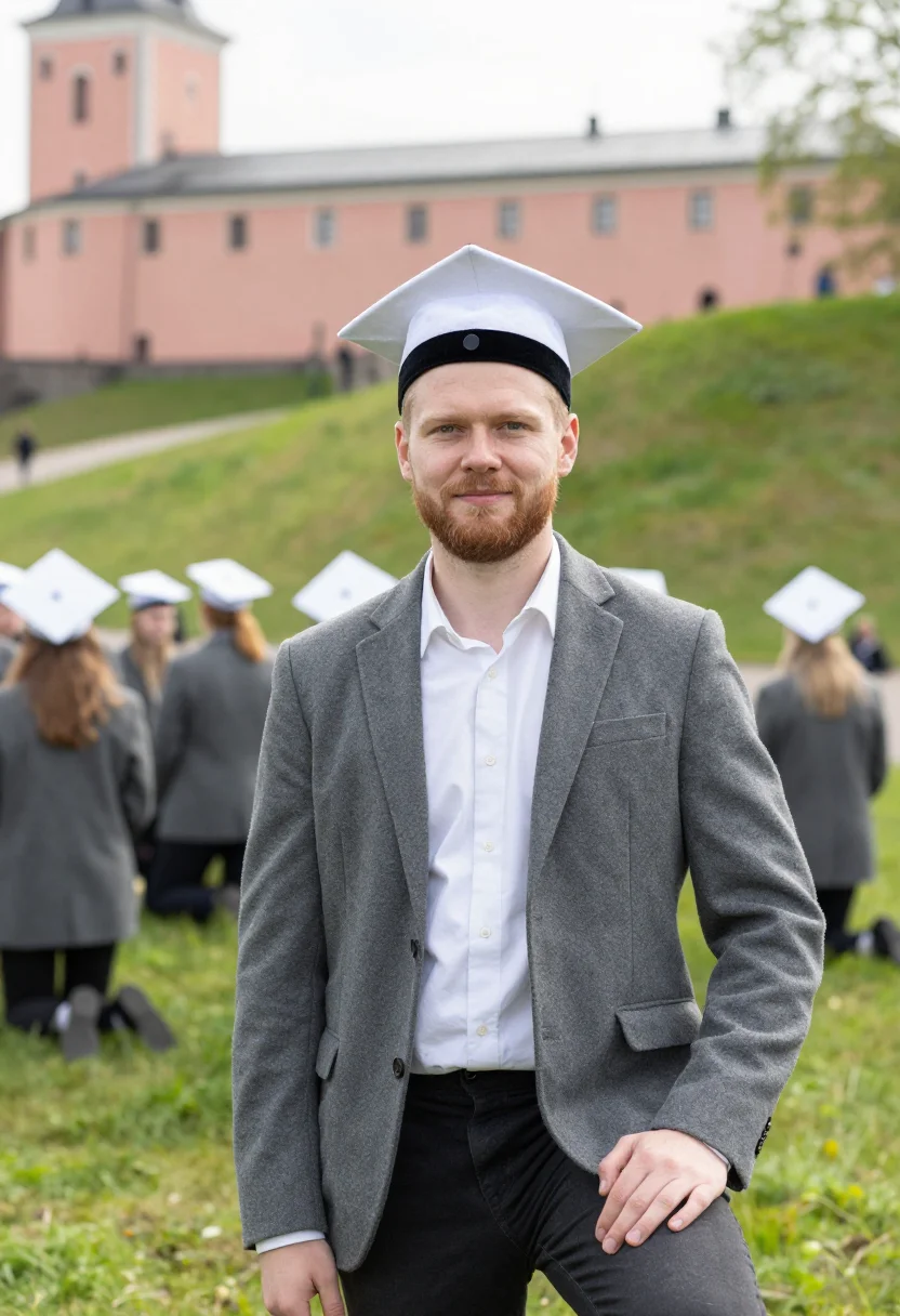 AI valborg uppsala white cap champagne sample — portrait of a man, a Valborg celebrant of Swedish descent in